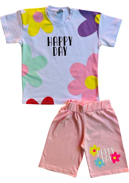 Kız Çocuk Papatya Desenli Pembe Şortlu Takım