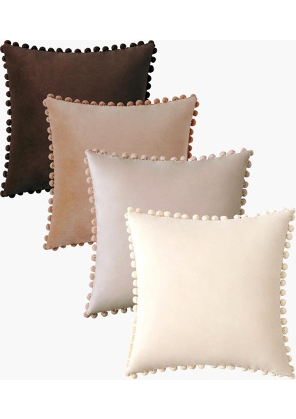 Kahve Tonlar 4 Adet Ponponlu Kırlent Kılıfı Seti 4 Adet 43 x 43 cm Kahverengi, Deve Tüyü, Bej, Krem