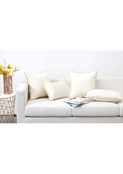 Kahve Tonlar 4 Adet Ponponlu Kırlent Kılıfı Seti 4 Adet 43 x 43 cm Kahverengi, Deve Tüyü, Bej, Krem