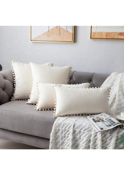 Kahve Tonlar 4 Adet Ponponlu Kırlent Kılıfı Seti 4 Adet 43 x 43 cm Kahverengi, Deve Tüyü, Bej, Krem