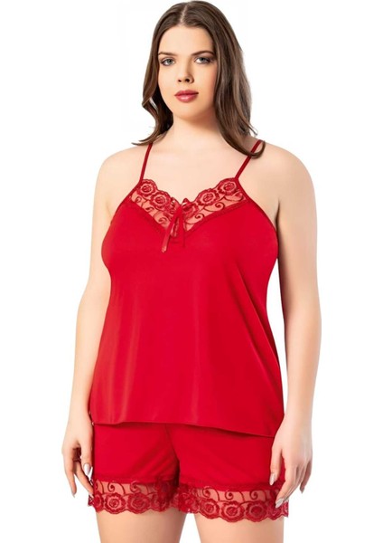 Kadın Ip Askılı Dantel Detaylı Büyük Beden Şortlu Gecelik Takımı