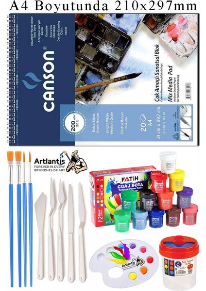 Canson Çok Amaçlı Sanatsal Blok A4 200 gr 20 Yaprak 1 Adet 6 Renk Guaj Boya Fırça Palet Spatula Fırça Temizleme Kabı