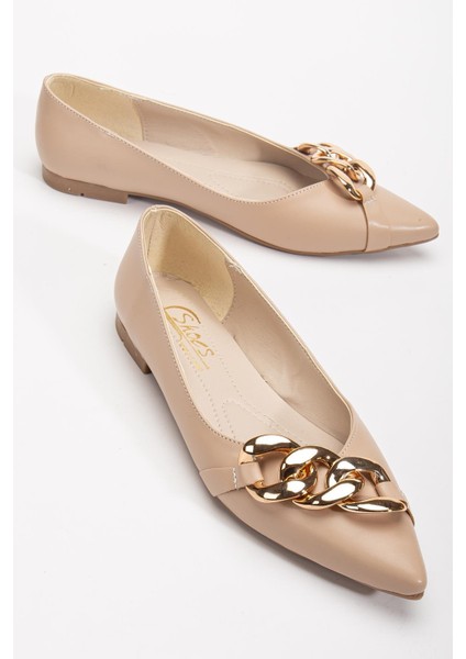 Kadın Babet Nude Cilt Zincir Detaylı Sivri Kalıp