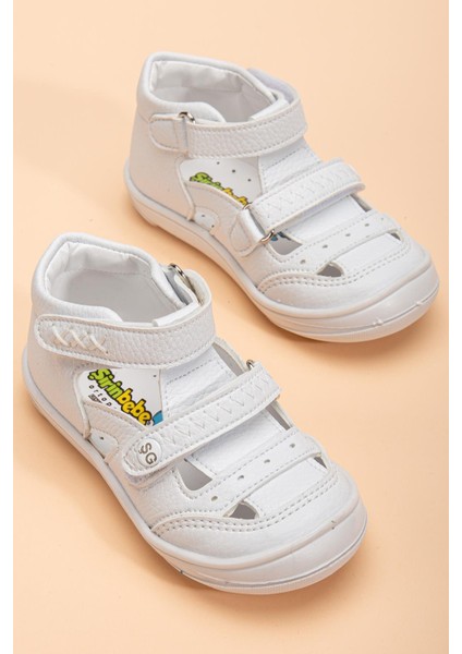 Şirinbebe Ortopedik Erkek Bebek Ilkadım Ayakkabı Beyaz Çift Cırtlı Yan Açık