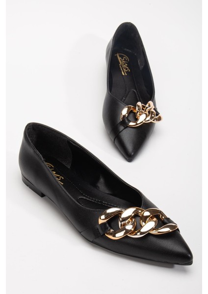 Kadın Babet Siyah Cilt Zincir Detaylı Sivri Kalıp