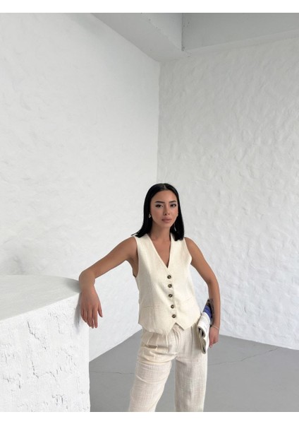 Krem Kırinkıl Yelek Pantolon Ikili Takım modelleri
