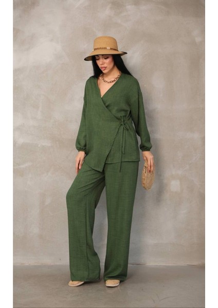 Kadın Yeşil Kruvaze Bağlamalı Sofya Keten Takım (2’li Set)