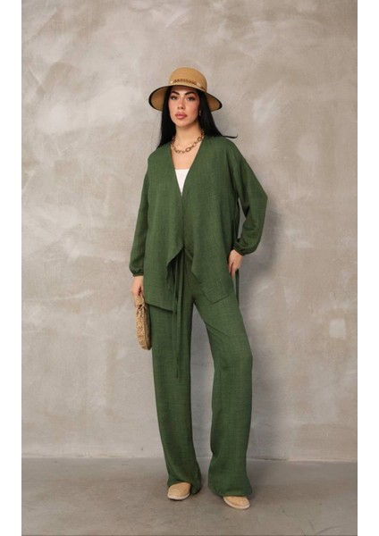 Kadın Yeşil Kruvaze Bağlamalı Sofya Keten Takım (2’li Set)