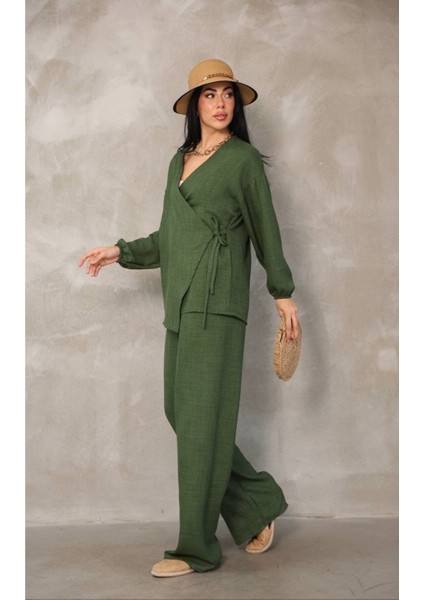 Kadın Yeşil Kruvaze Bağlamalı Sofya Keten Takım (2’li Set)
