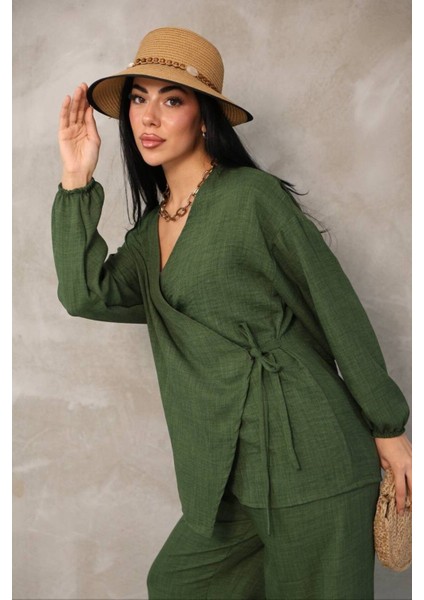 Kadın Yeşil Kruvaze Bağlamalı Sofya Keten Takım (2’li Set)