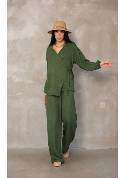 Kadın Yeşil Kruvaze Bağlamalı Sofya Keten Takım (2’li Set)