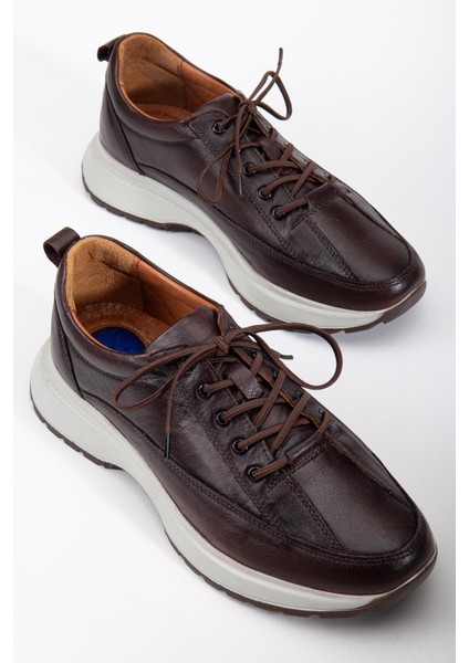 Hakiki Deri Erkek Günlük Ayakkabı Kahve Elastik Bağcıklı Kalın Taban