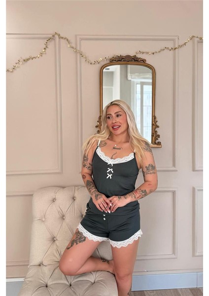 Yeşil Dublin Ip Askı Şortlu Kadın Pijama Takımı modelleri