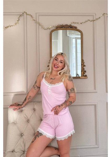 Pembe Dublin Ip Askı Şortlu Kadın Pijama Takımı fiyatları