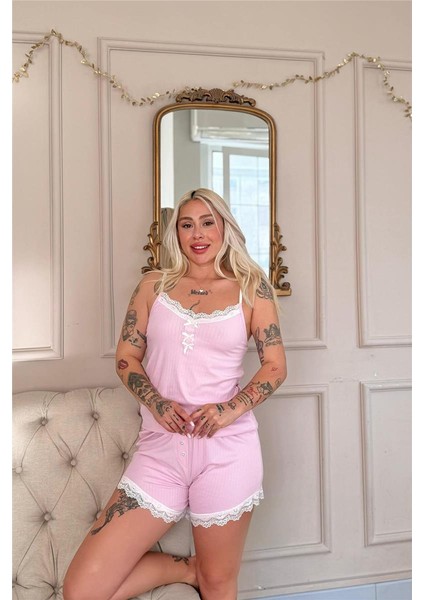 Pembe Dublin Ip Askı Şortlu Kadın Pijama Takımı fırsatları
