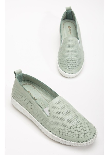Hakiki Deri Ortopedik Kadın Günlük Ayakkabı Yeşil Bağsız Lazer Baskılı