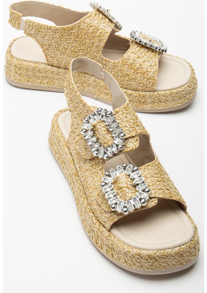Kadın Dolgu Topuk Sandalet Bej Çift Bantlı Hasır Malzeme Taşlı Tokalı