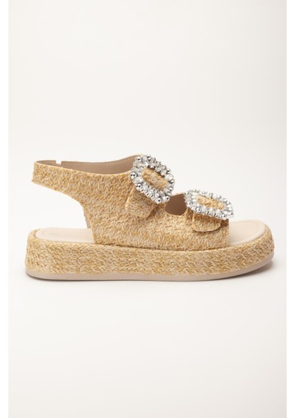 Kadın Dolgu Topuk Sandalet Bej Çift Bantlı Hasır Malzeme Taşlı Tokalı modelleri
