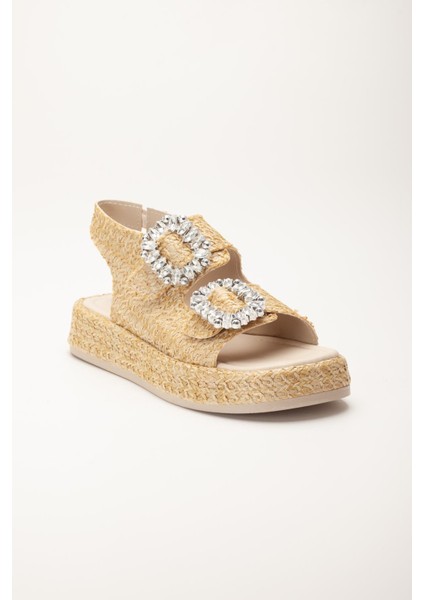 Kadın Dolgu Topuk Sandalet Bej Çift Bantlı Hasır Malzeme Taşlı Tokalı fırsatları