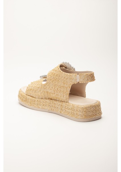 Kadın Dolgu Topuk Sandalet Bej Çift Bantlı Hasır Malzeme Taşlı Tokalı indirimleri