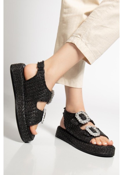 Kadın Dolgu Topuk Sandalet Siyah Çift Bantlı Hasır Malzeme Taşlı Tokalı fiyatları