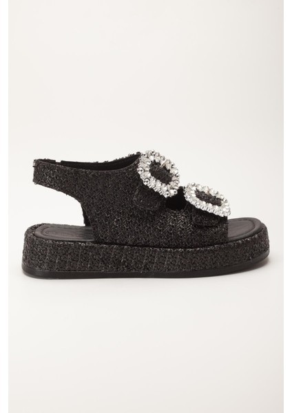 Kadın Dolgu Topuk Sandalet Siyah Çift Bantlı Hasır Malzeme Taşlı Tokalı modelleri