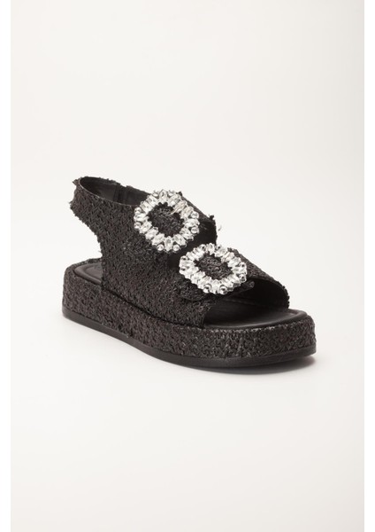 Kadın Dolgu Topuk Sandalet Siyah Çift Bantlı Hasır Malzeme Taşlı Tokalı fırsatları
