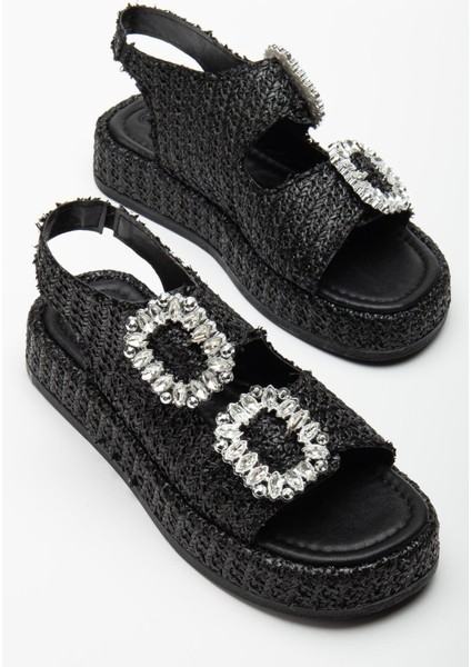 Kadın Dolgu Topuk Sandalet Siyah Çift Bantlı Hasır Malzeme Taşlı Tokalı