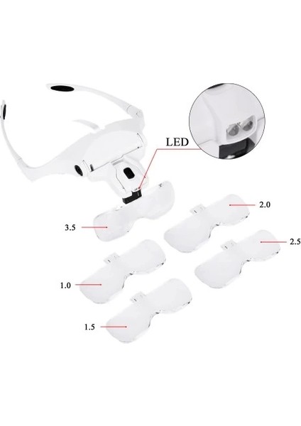 5 Lens 1.0x3.5x, 2led Işıklı ile Ayarlanabilir Gözlük BÜYÜTEÇ9892B2