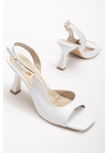 Kadı Topuklu Sandalet Ayakkabı Beyaz Cilt Yan Büyük Tokalı
