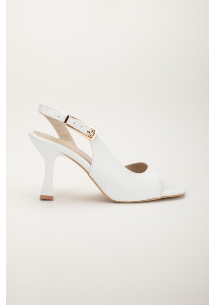 Kadı Topuklu Sandalet Ayakkabı Beyaz Cilt Yan Büyük Tokalı modelleri