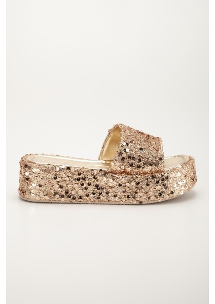 Kadın Dolgu Topuk Terlik Altın Pullu Kalın Tek Bant Kaplama Taban modelleri