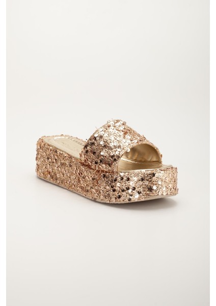 Kadın Dolgu Topuk Terlik Altın Pullu Kalın Tek Bant Kaplama Taban fırsatları
