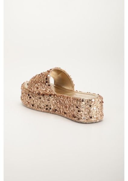 Kadın Dolgu Topuk Terlik Altın Pullu Kalın Tek Bant Kaplama Taban indirimleri