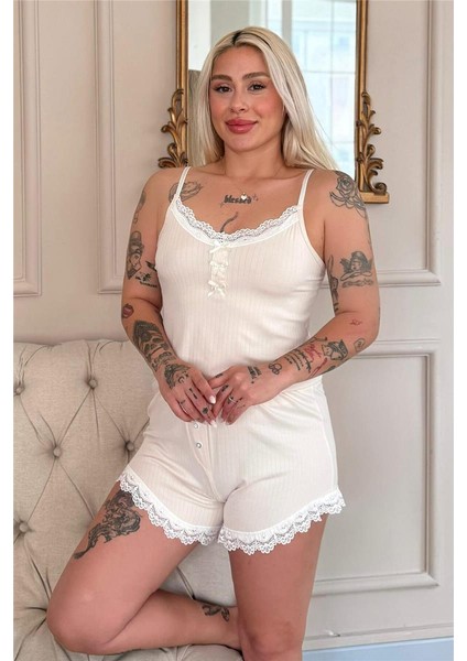 Ekru Dublin Ip Askı Şortlu Kadın Pijama Takımı