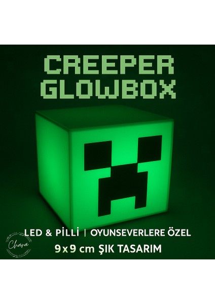 Minecraft Creeper Glowbox Gece Lambası | LED Işıklı, 9x9 Cm, Pilli Küp Lamba