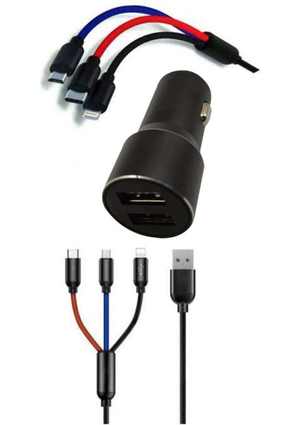 Çoklu Hızlı Şarj Kablosu ve Seyahat Araç Şarj Soketi Type-C Mikro Iphone Uyumlu 1.2 Metre 3A