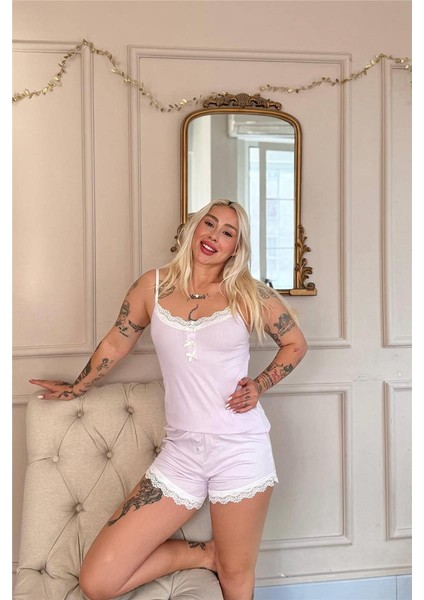 Lila Dublin Ip Askı Şortlu Kadın Pijama Takımı modelleri