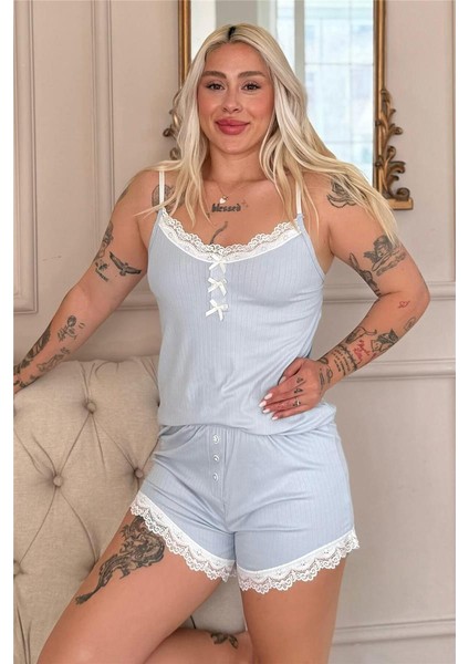 Mavi Dublin Ip Askı Şortlu Kadın Pijama Takımı