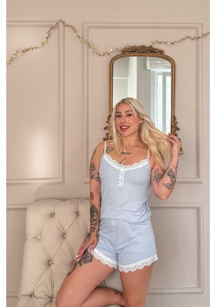 Mavi Dublin Ip Askı Şortlu Kadın Pijama Takımı modelleri