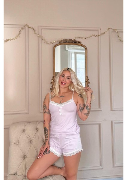 Lila Dublin Ip Askı Şortlu Kadın Pijama Takımı