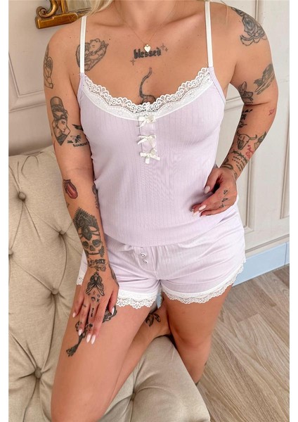 Lila Dublin Ip Askı Şortlu Kadın Pijama Takımı
