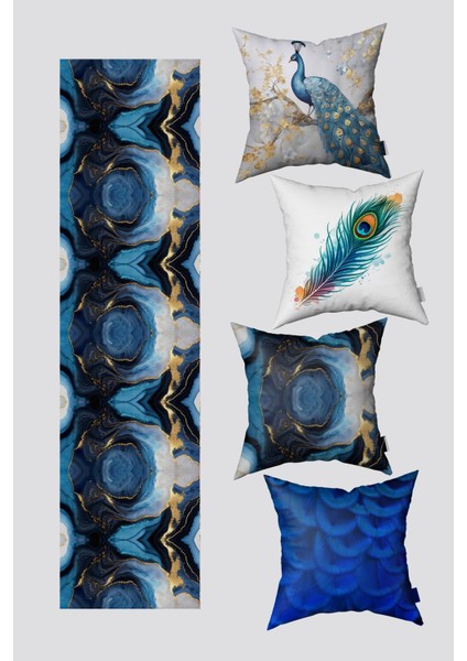 Mavi Tropikal Tavus Kuşu Tüyü Desenli 4'lü Kırlent Kılıfı ve Runner Seti