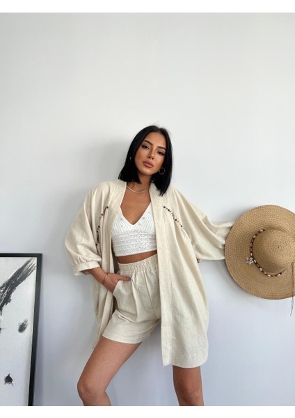 Bej Boncuk Detaylı Kimonolu Şortlu Takım fiyatları