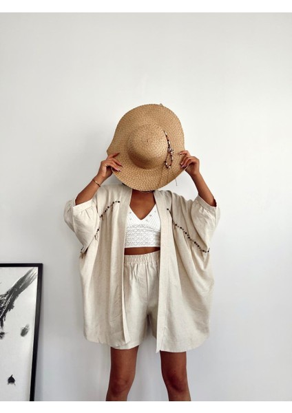 Bej Boncuk Detaylı Kimonolu Şortlu Takım modelleri