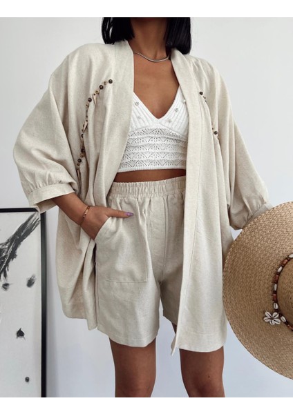 Bej Boncuk Detaylı Kimonolu Şortlu Takım fırsatları