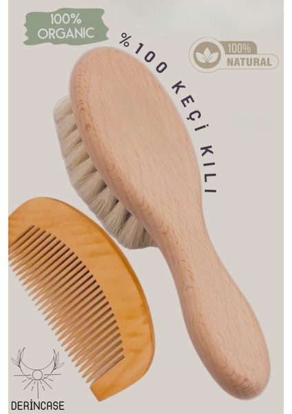 %100 Keçi Kılı Bebek Saç Fırçası ve Bebek Şimşir Tarak 2'li Set + Bez Kese Hediyeli