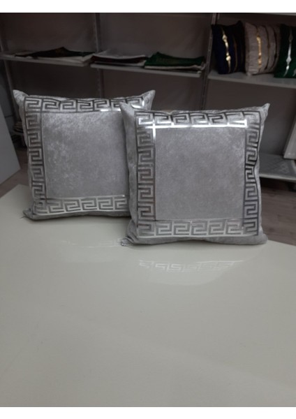 Iki Adet Kadife Kırlent Kılıfı, Simli Deri Işlemeli, 40X40CM, Gri/gümüş Renk