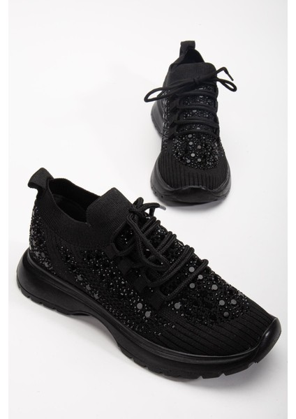 Kadın Spor Ayakkabı Siyah Triko Taş Döşemeli Kalın Taban
