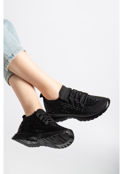 Kadın Spor Ayakkabı Siyah Triko Taş Döşemeli Kalın Taban